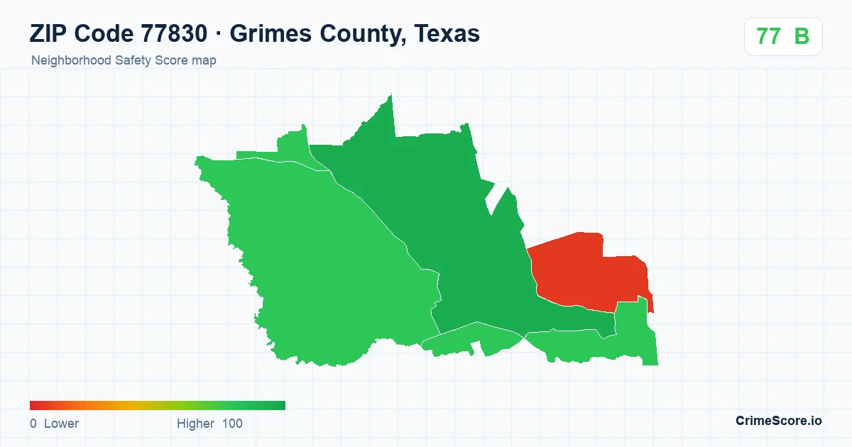 ZIP Code 77830 in Grimes County, Texas neighborhood Safety Score map