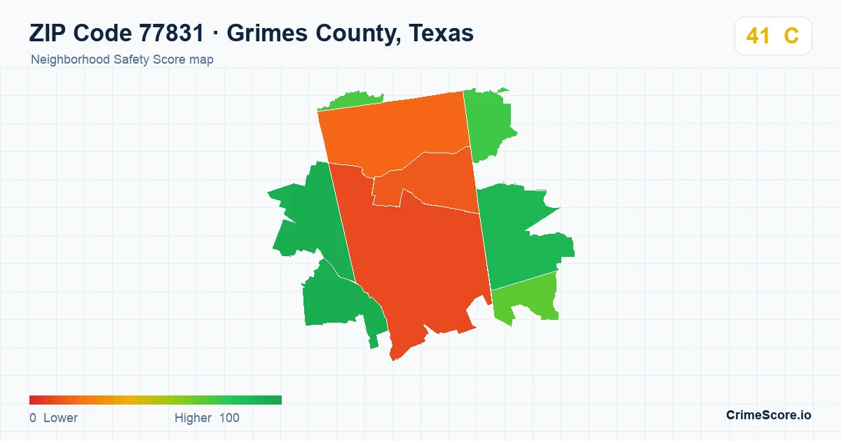 ZIP Code 77831 in Grimes County, Texas neighborhood Safety Score map