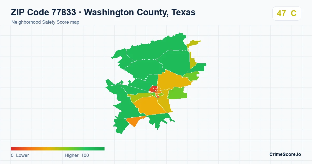 ZIP Code 77833 in Washington County, Texas neighborhood Safety Score map