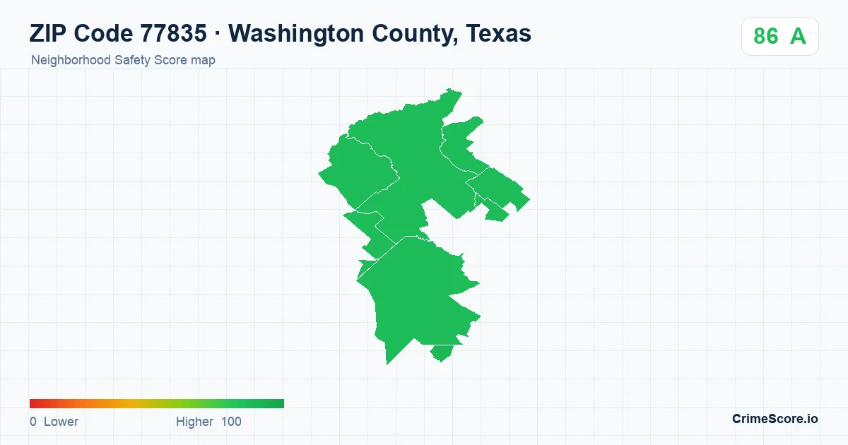 ZIP Code 77835 in Washington County, Texas neighborhood Safety Score map