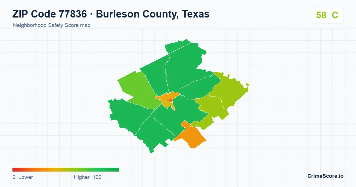 ZIP Code 77836 in Burleson County, Texas neighborhood Safety Score map