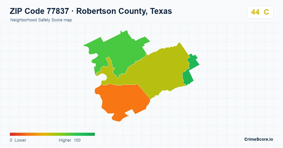 ZIP Code 77837 in Robertson County, Texas neighborhood Safety Score map