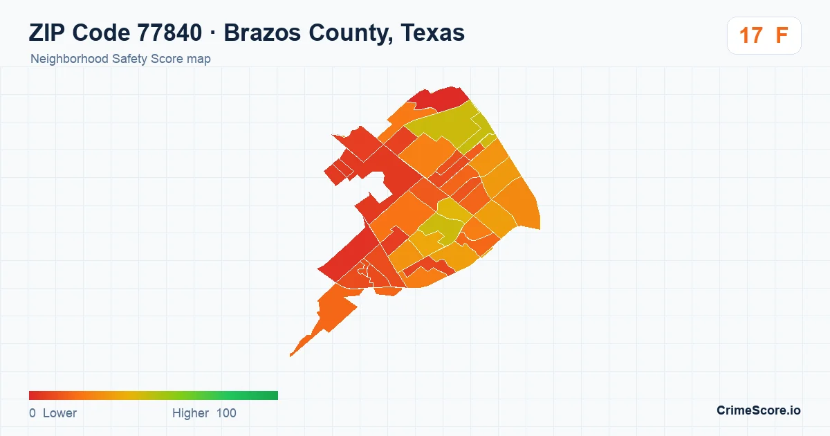 ZIP Code 77840 in Brazos County, Texas neighborhood Safety Score map