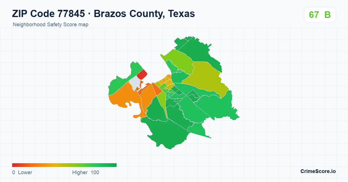 ZIP Code 77845 in Brazos County, Texas neighborhood Safety Score map