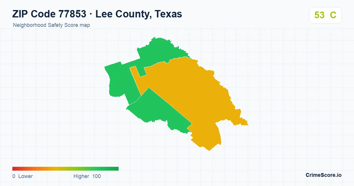 ZIP Code 77853 in Lee County, Texas neighborhood Safety Score map