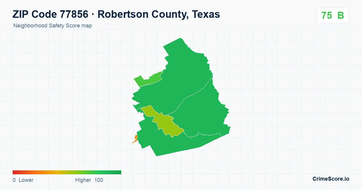 ZIP Code 77856 in Robertson County, Texas neighborhood Safety Score map