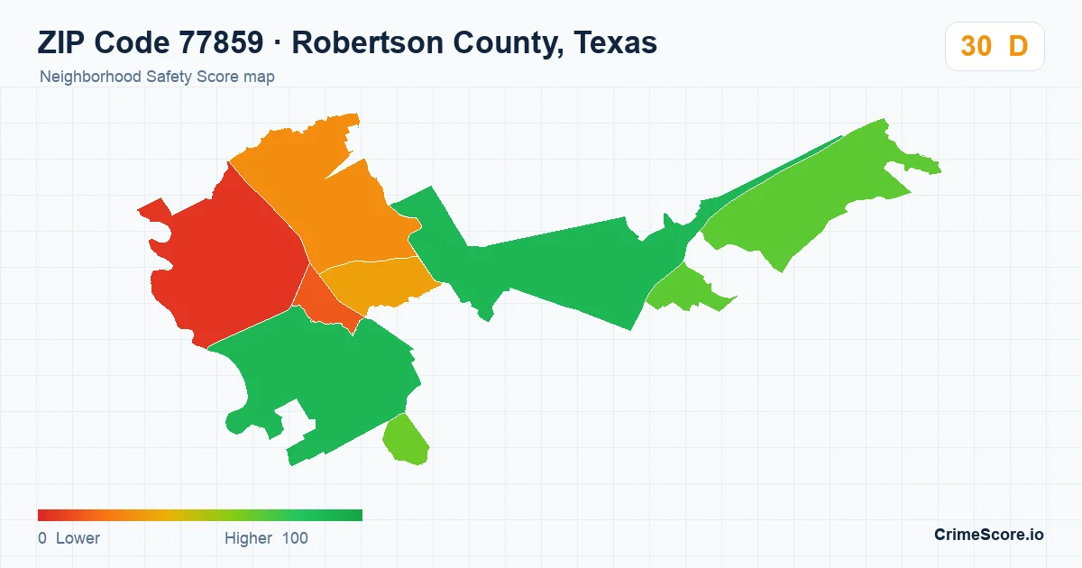 ZIP Code 77859 in Robertson County, Texas neighborhood Safety Score map