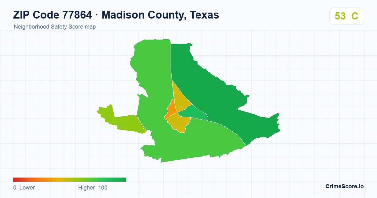 ZIP Code 77864 in Madison County, Texas neighborhood Safety Score map
