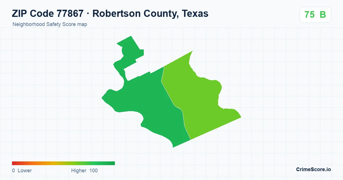 ZIP Code 77867 in Robertson County, Texas neighborhood Safety Score map