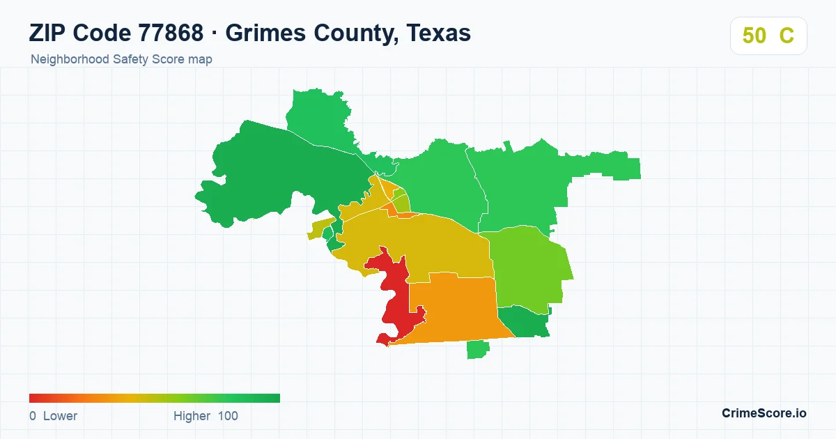 ZIP Code 77868 in Grimes County, Texas neighborhood Safety Score map