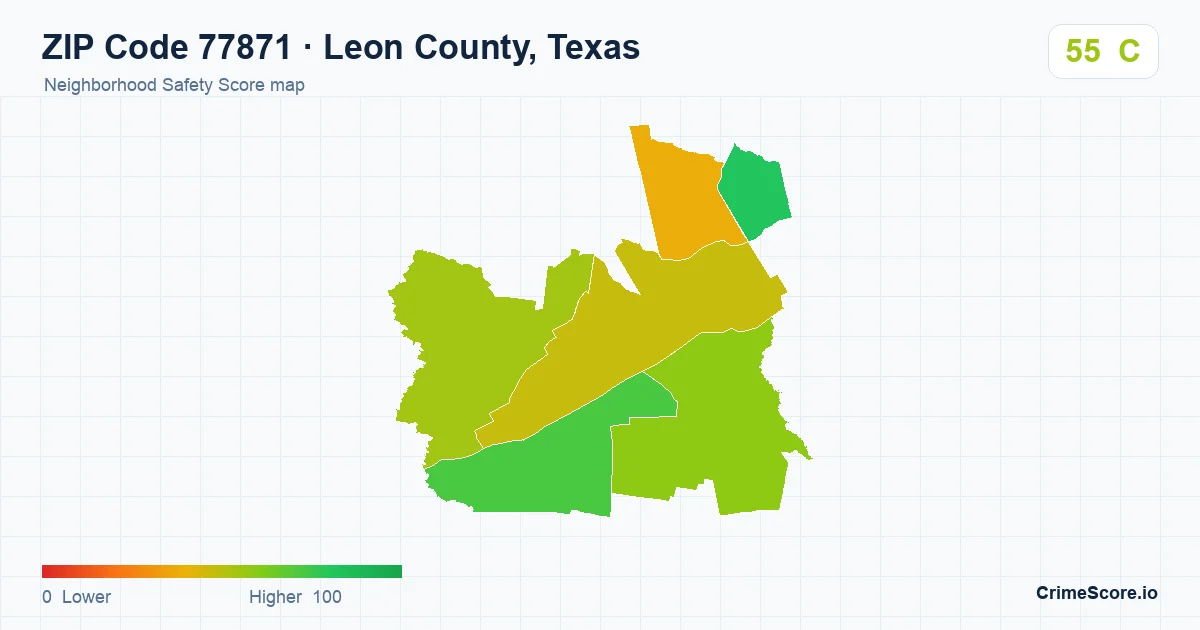 ZIP Code 77871 in Leon County, Texas neighborhood Safety Score map
