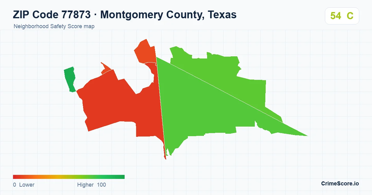 ZIP Code 77873 in Montgomery County, Texas neighborhood Safety Score map