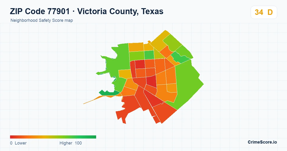ZIP Code 77901 in Victoria County, Texas neighborhood Safety Score map