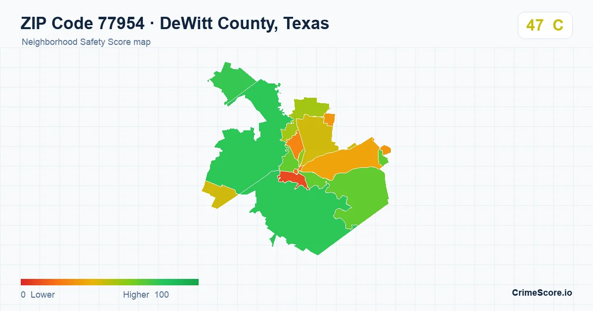 ZIP Code 77954 in DeWitt County, Texas neighborhood Safety Score map