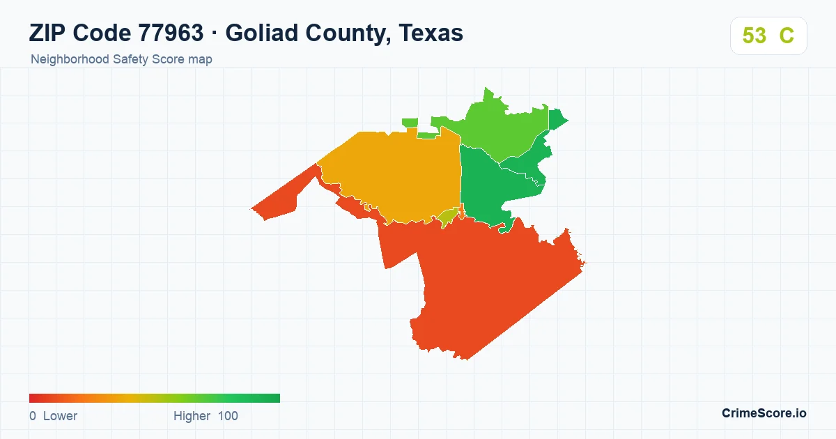 ZIP Code 77963 in Goliad County, Texas neighborhood Safety Score map