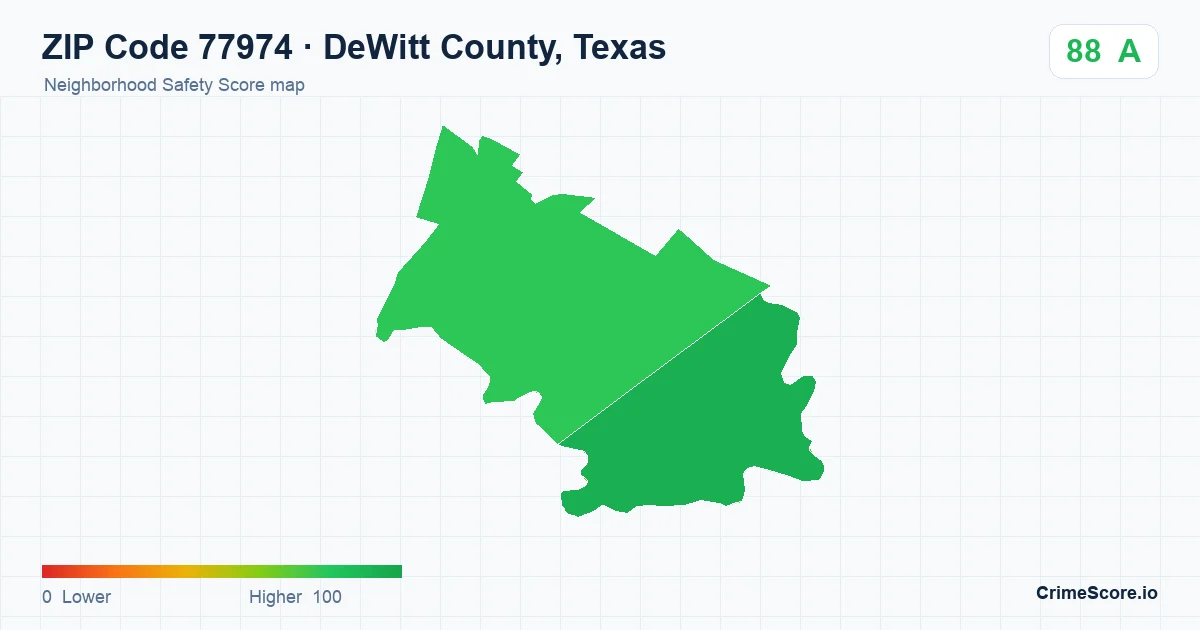 ZIP Code 77974 in DeWitt County, Texas neighborhood Safety Score map