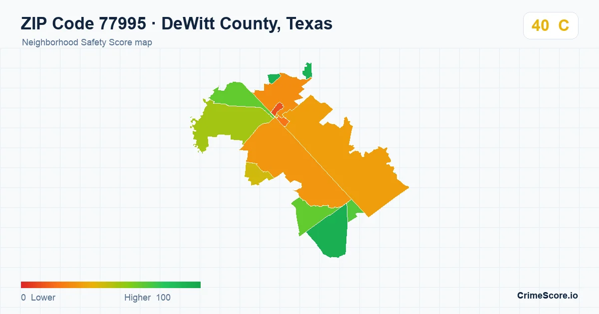ZIP Code 77995 in DeWitt County, Texas neighborhood Safety Score map