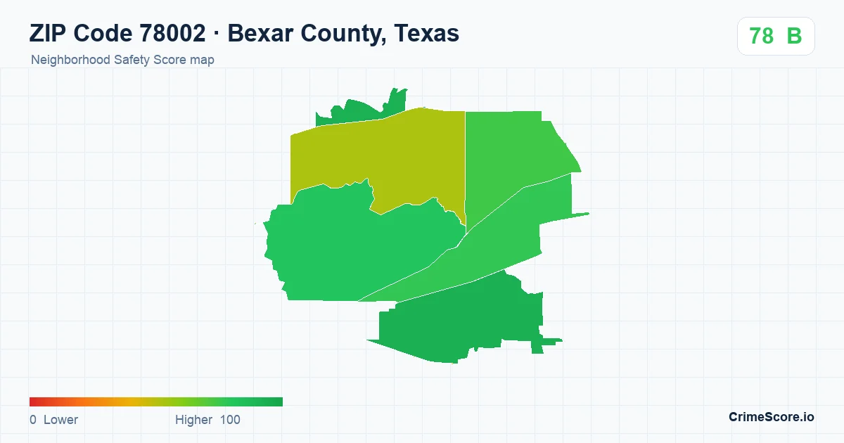 ZIP Code 78002 in Bexar County, Texas neighborhood Safety Score map