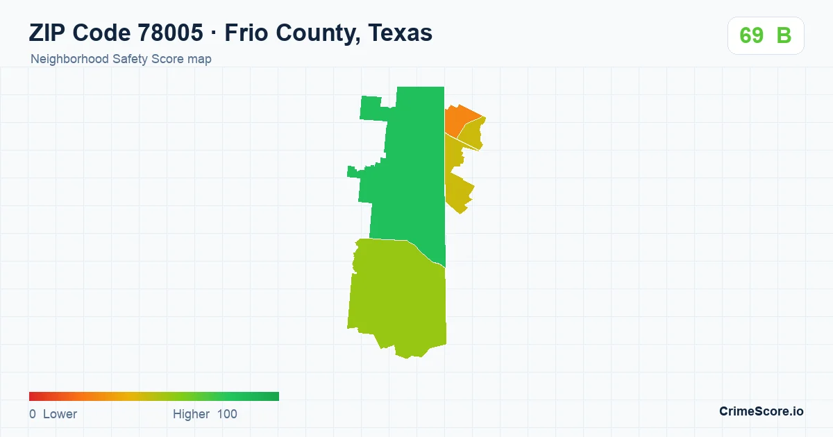 ZIP Code 78005 in Frio County, Texas neighborhood Safety Score map