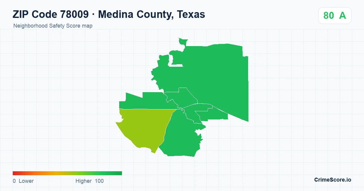 ZIP Code 78009 in Medina County, Texas neighborhood Safety Score map