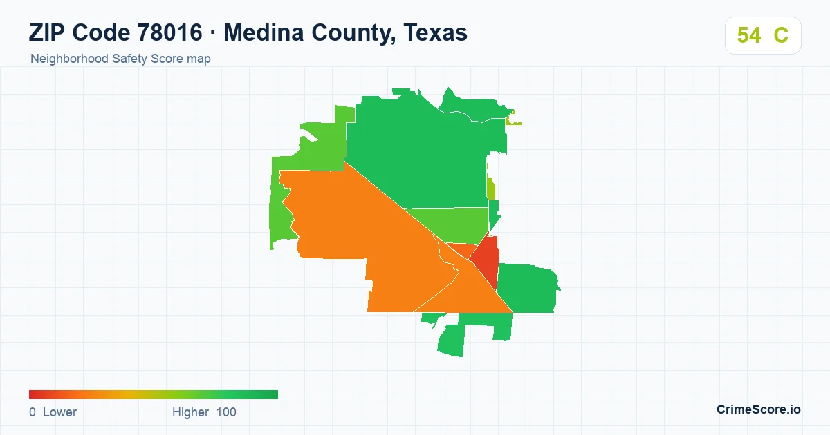 ZIP Code 78016 in Medina County, Texas neighborhood Safety Score map