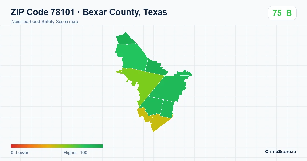 ZIP Code 78101 in Bexar County, Texas neighborhood Safety Score map