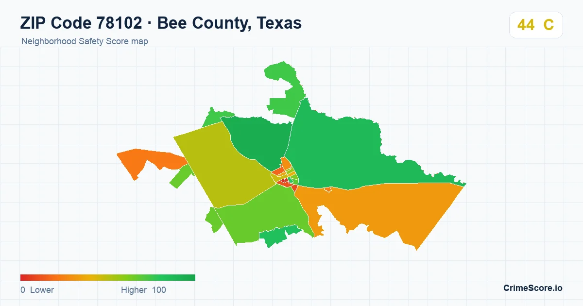 ZIP Code 78102 in Bee County, Texas neighborhood Safety Score map