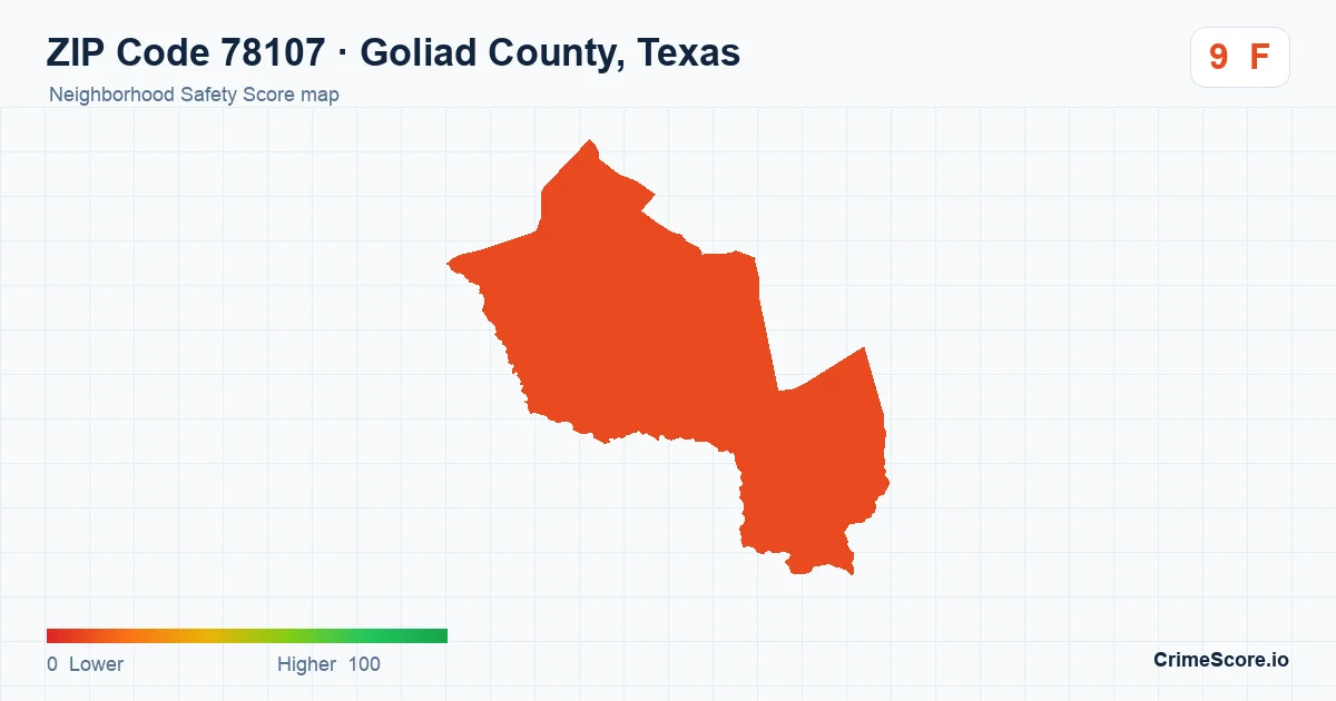 ZIP Code 78107 in Goliad County, Texas neighborhood Safety Score map