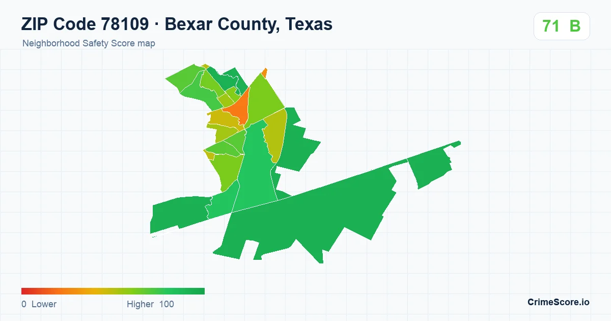 ZIP Code 78109 in Bexar County, Texas neighborhood Safety Score map