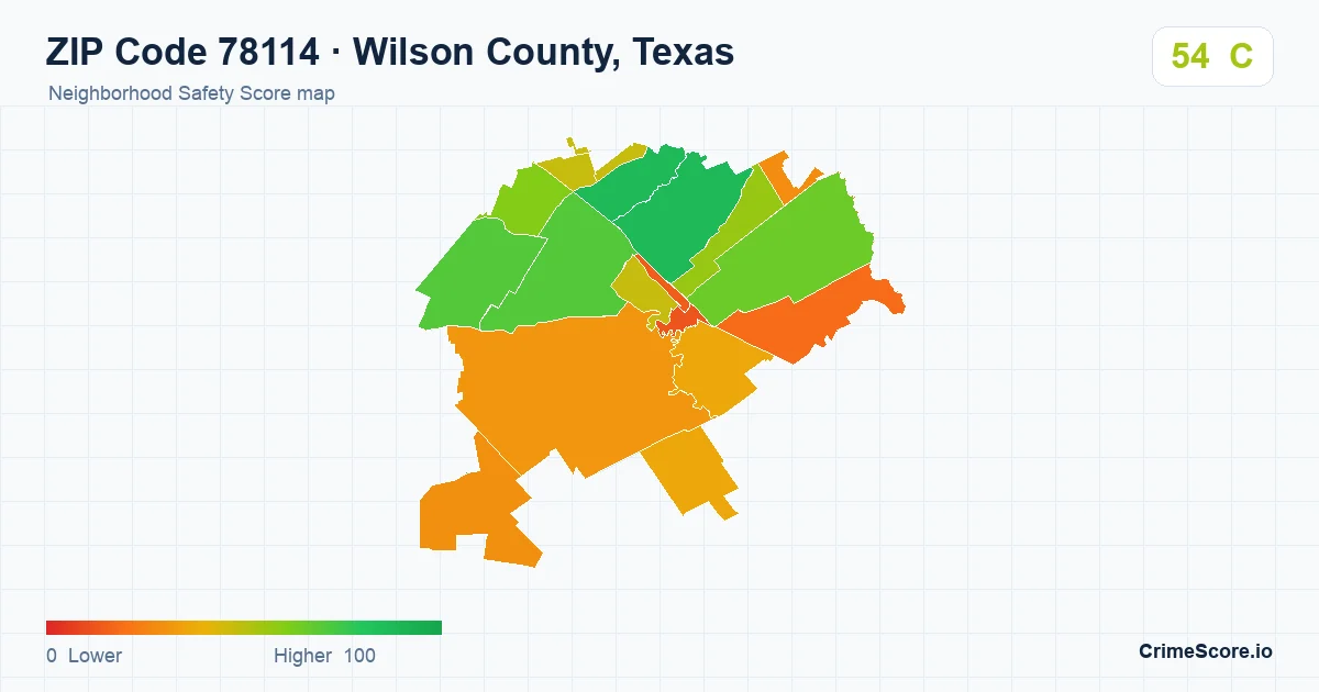 ZIP Code 78114 in Wilson County, Texas neighborhood Safety Score map