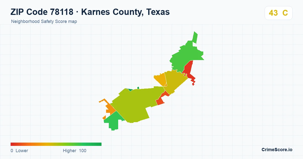 ZIP Code 78118 in Karnes County, Texas neighborhood Safety Score map