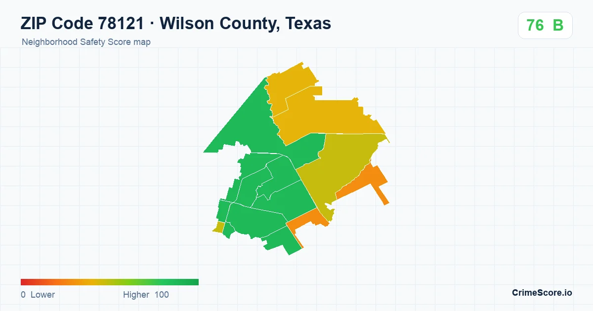ZIP Code 78121 in Wilson County, Texas neighborhood Safety Score map