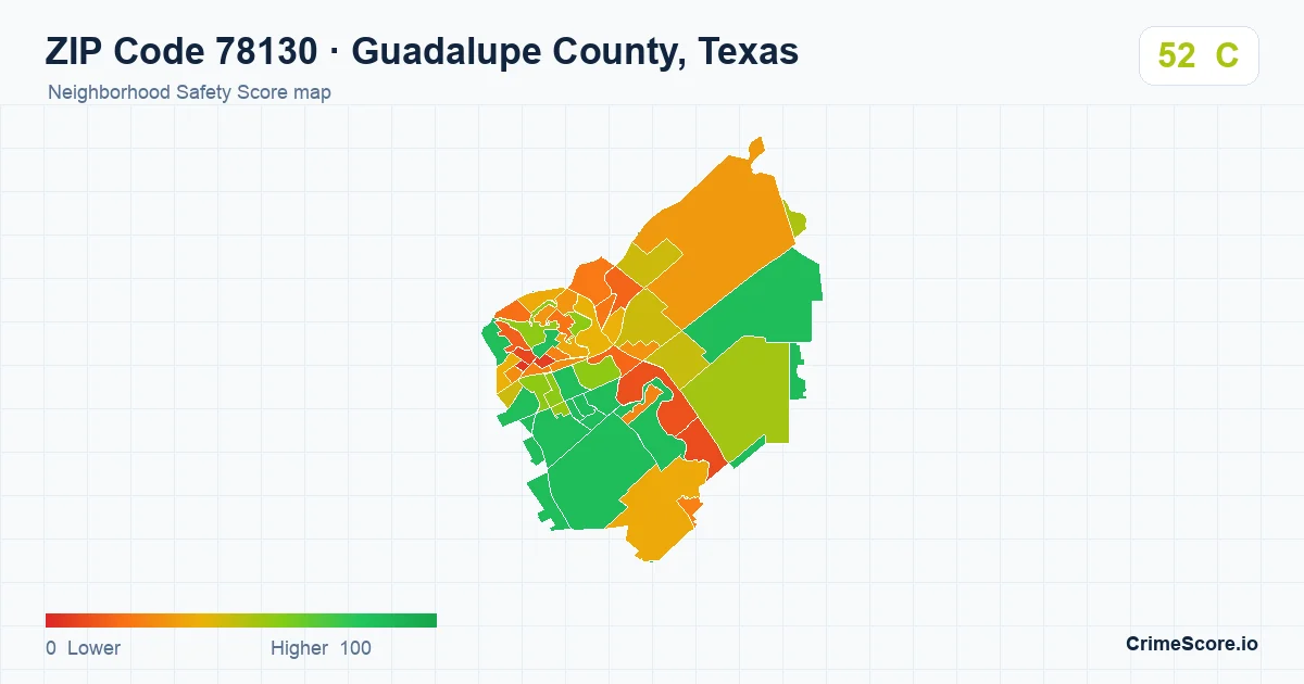 ZIP Code 78130 in Guadalupe County, Texas neighborhood Safety Score map