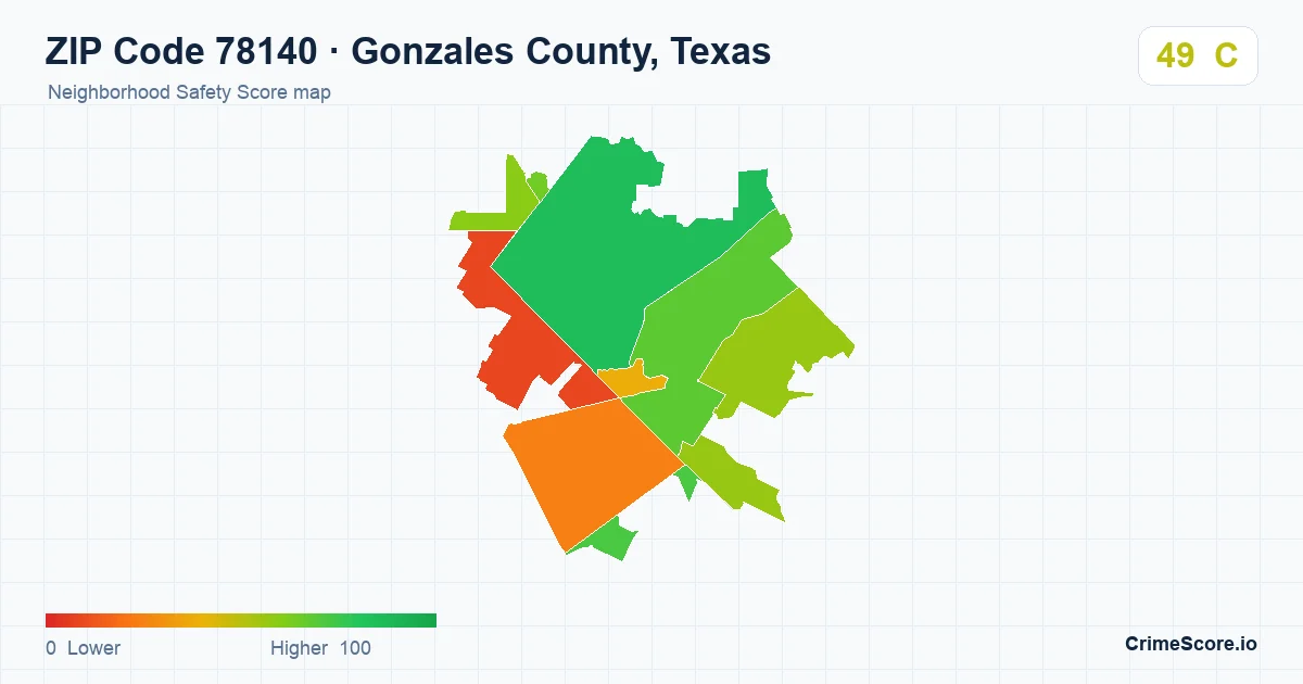 ZIP Code 78140 in Gonzales County, Texas neighborhood Safety Score map