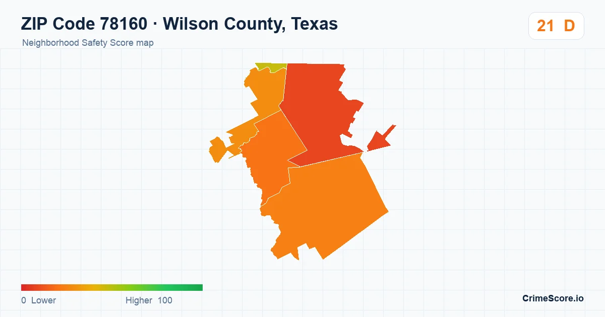 ZIP Code 78160 in Wilson County, Texas neighborhood Safety Score map