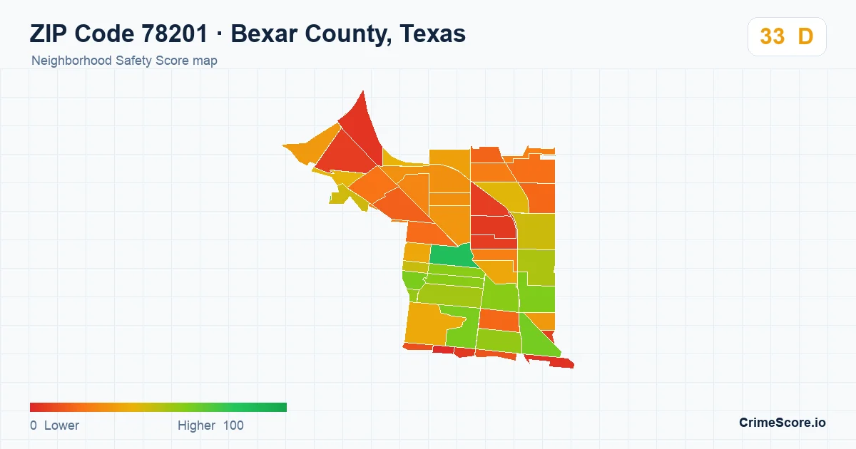ZIP Code 78201 in Bexar County, Texas neighborhood Safety Score map