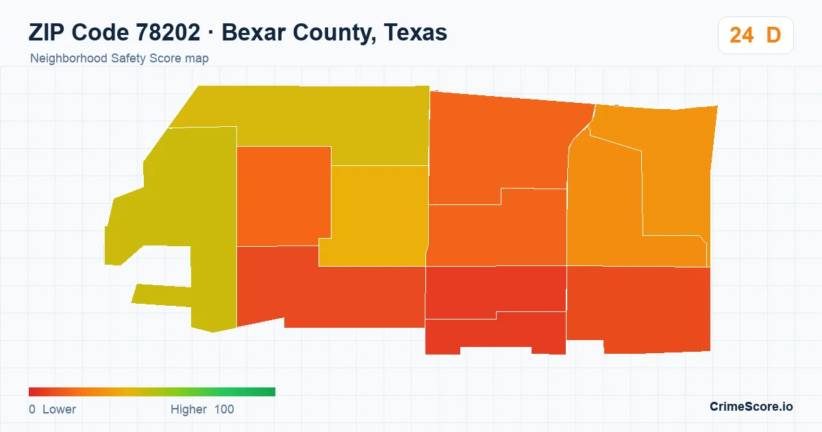 ZIP Code 78202 in Bexar County, Texas neighborhood Safety Score map