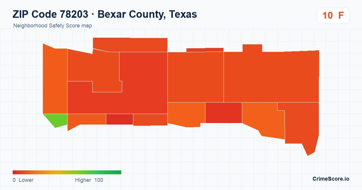 ZIP Code 78203 in Bexar County, Texas neighborhood Safety Score map