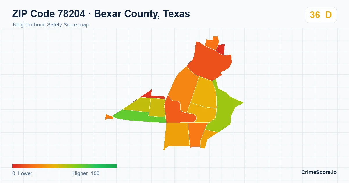 ZIP Code 78204 in Bexar County, Texas neighborhood Safety Score map