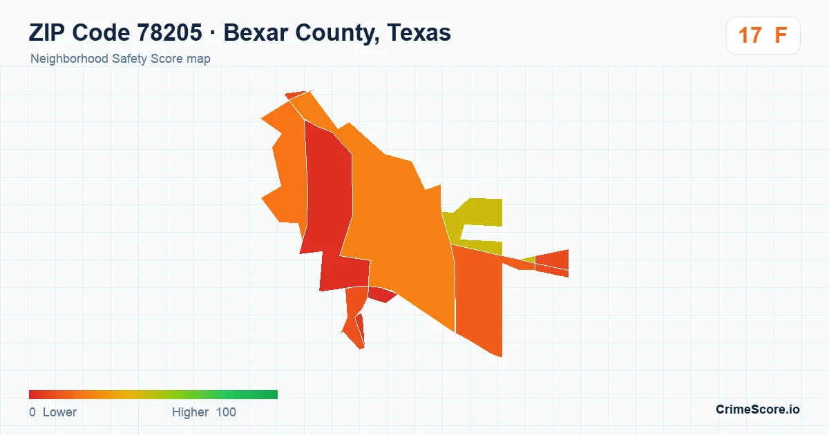 ZIP Code 78205 in Bexar County, Texas neighborhood Safety Score map