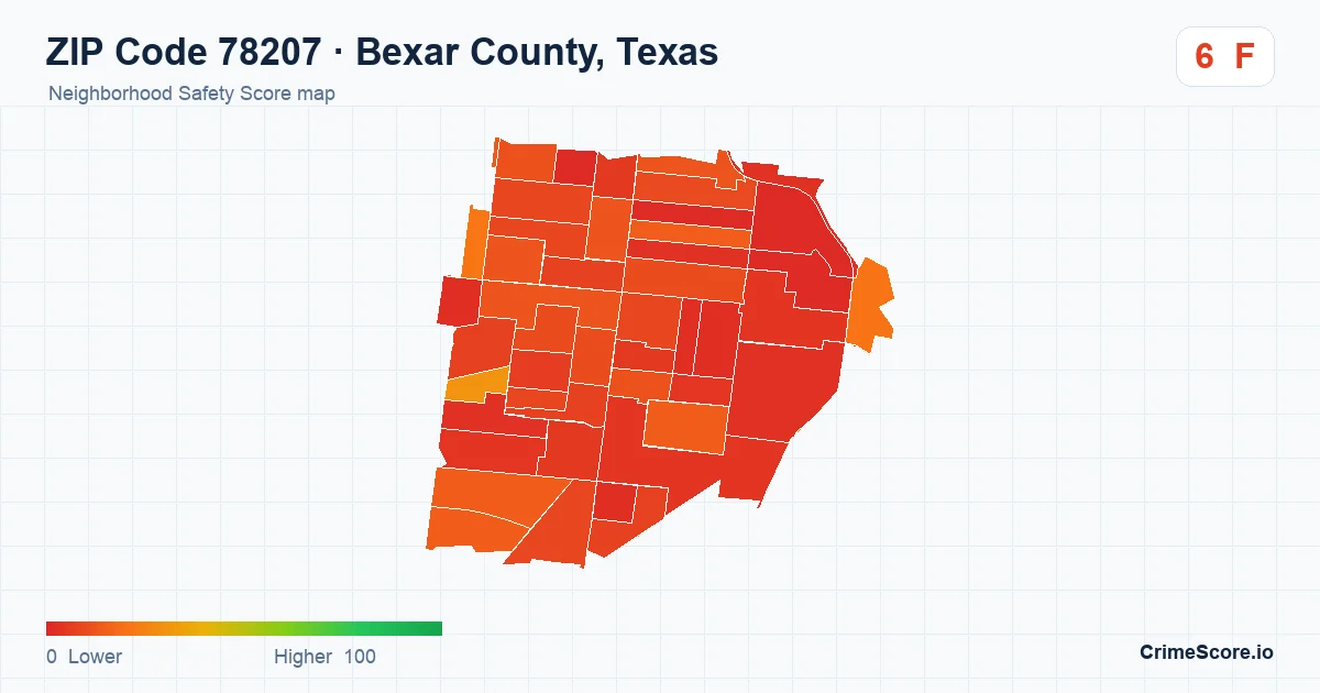 ZIP Code 78207 in Bexar County, Texas neighborhood Safety Score map