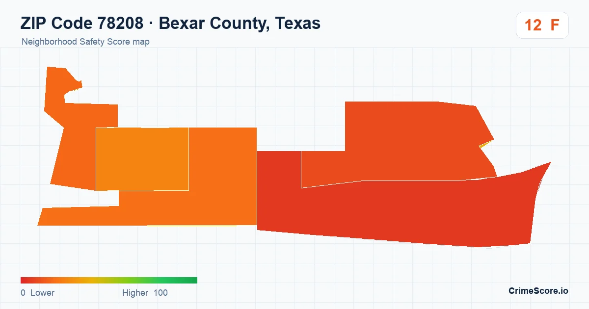 ZIP Code 78208 in Bexar County, Texas neighborhood Safety Score map