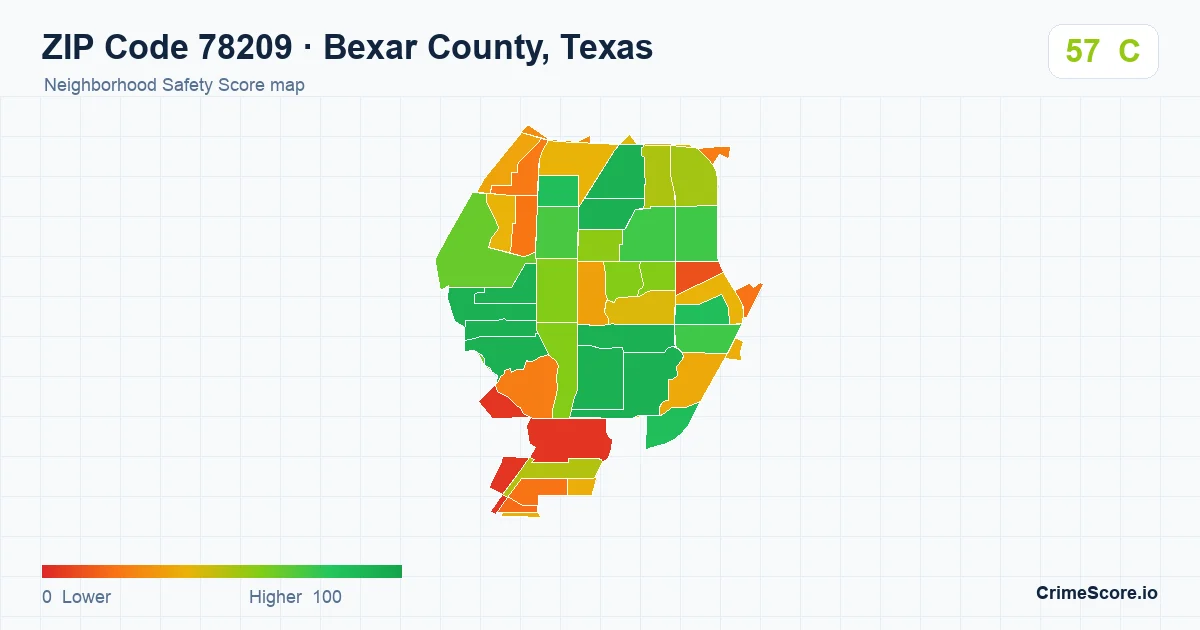 ZIP Code 78209 in Bexar County, Texas neighborhood Safety Score map