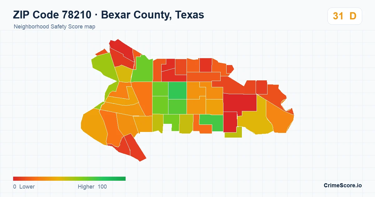 ZIP Code 78210 in Bexar County, Texas neighborhood Safety Score map