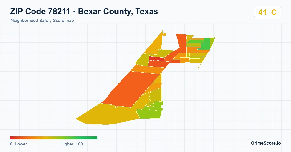 ZIP Code 78211 in Bexar County, Texas neighborhood Safety Score map