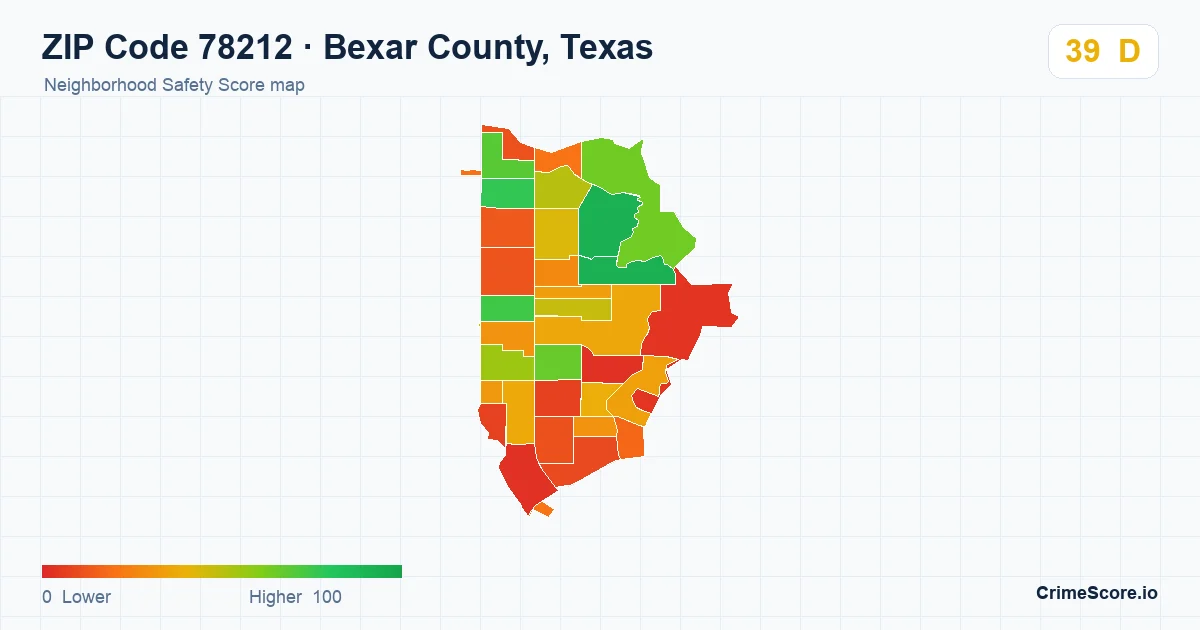 ZIP Code 78212 in Bexar County, Texas neighborhood Safety Score map