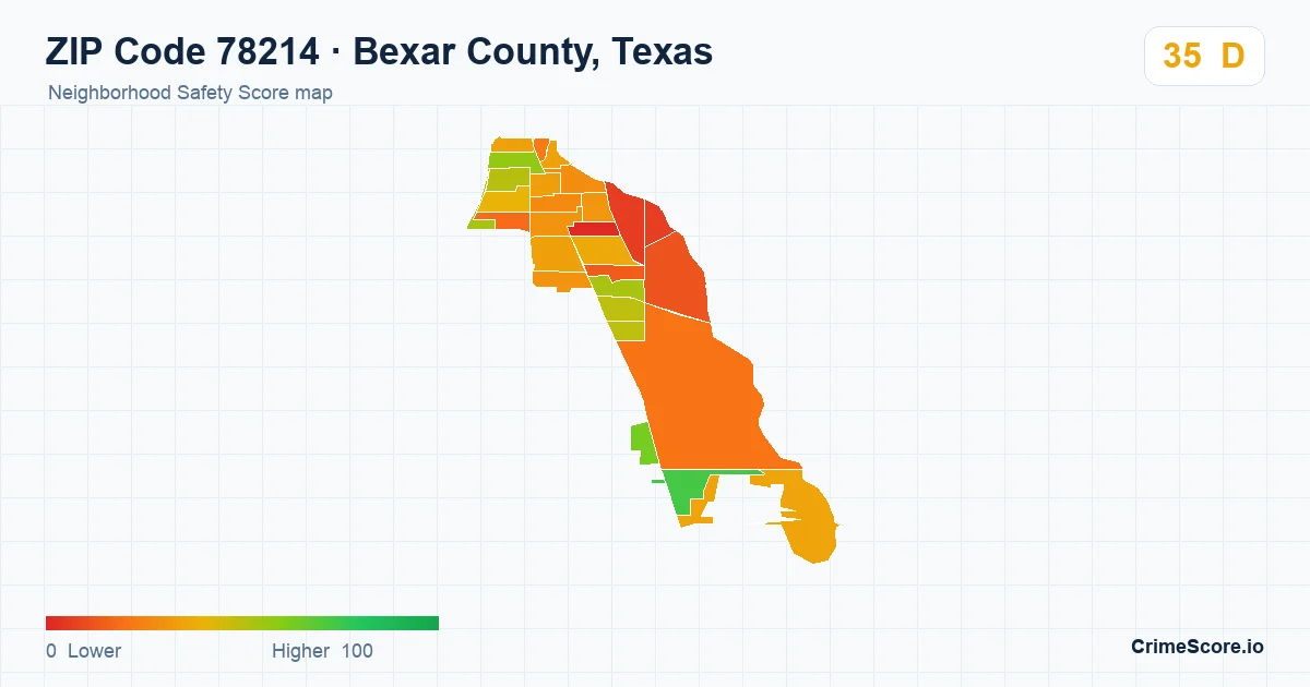 ZIP Code 78214 in Bexar County, Texas neighborhood Safety Score map