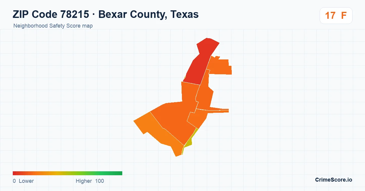 ZIP Code 78215 in Bexar County, Texas neighborhood Safety Score map