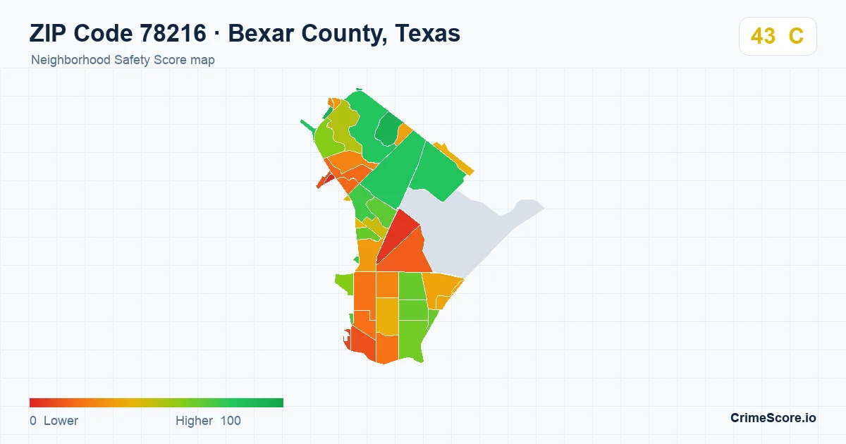 ZIP Code 78216 in Bexar County, Texas neighborhood Safety Score map