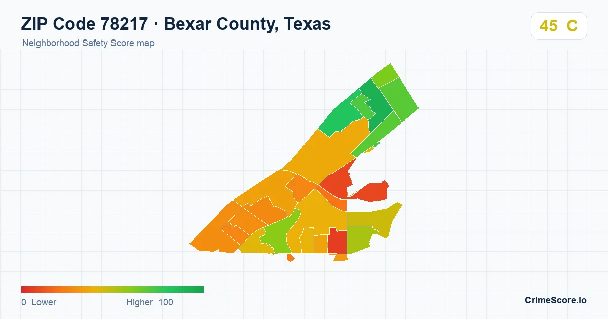 ZIP Code 78217 in Bexar County, Texas neighborhood Safety Score map